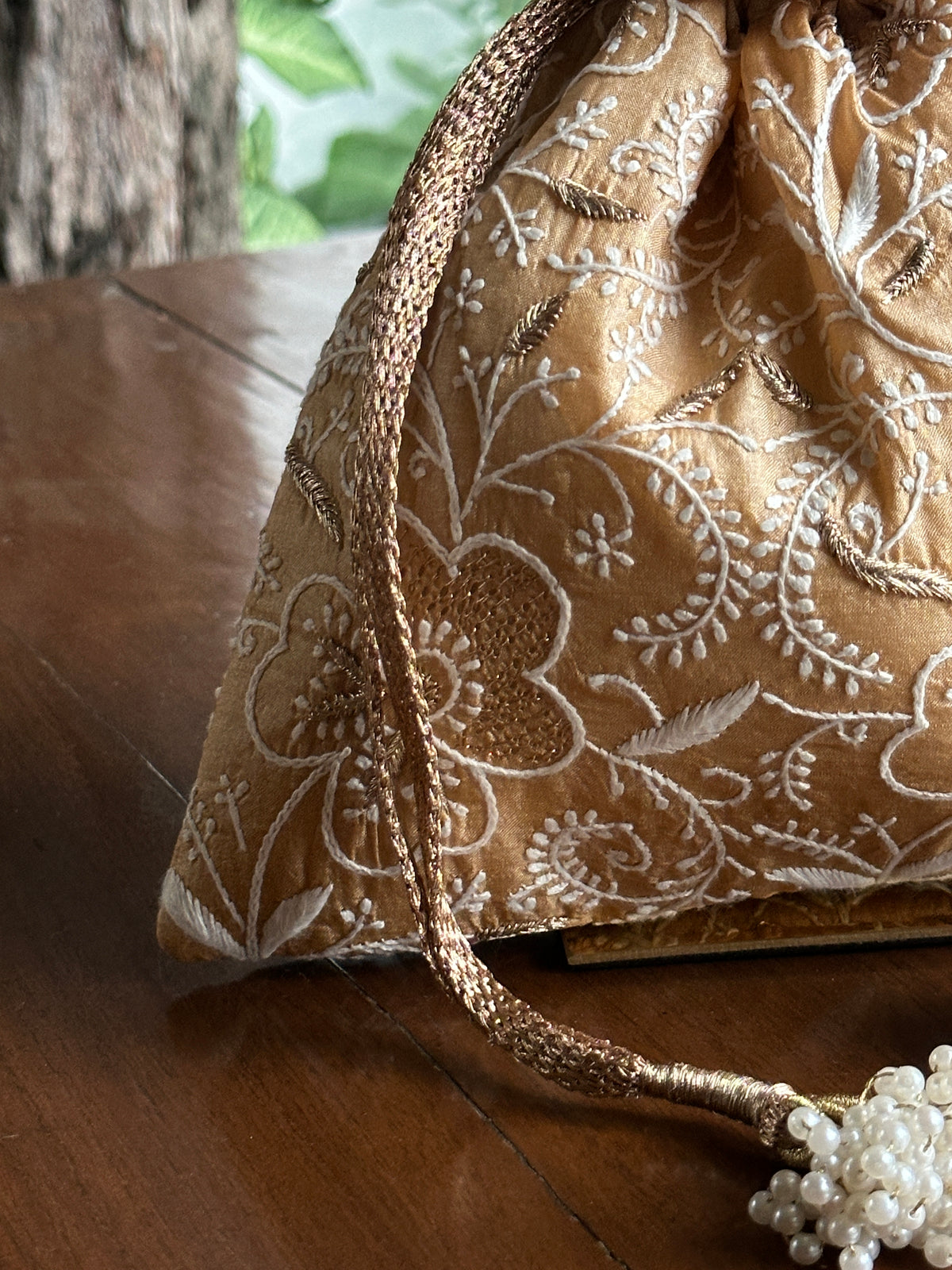 Melon Yellow Tussar Silk Chikankari Ari & Kasab Work Potli Bag