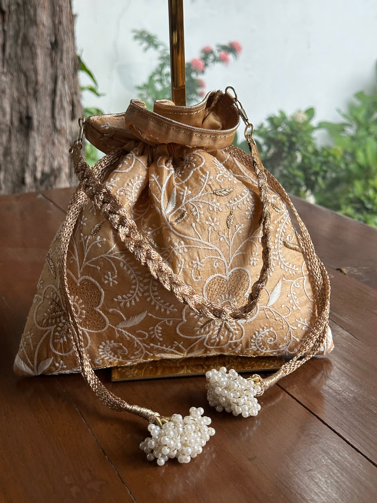 Melon Yellow Tussar Silk Chikankari Ari & Kasab Work Potli Bag