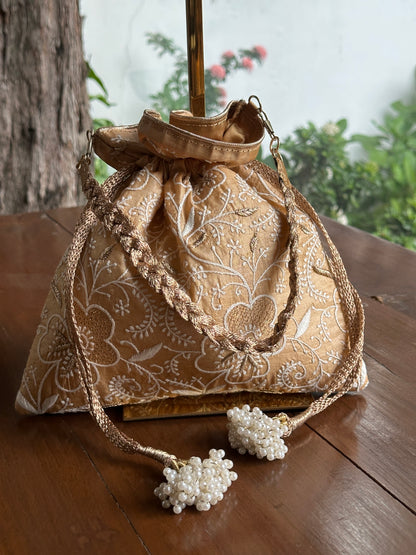 Melon Yellow Tussar Silk Chikankari Ari & Kasab Work Potli Bag