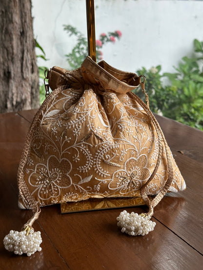 Melon Yellow Tussar Silk Chikankari Ari & Kasab Work Potli Bag