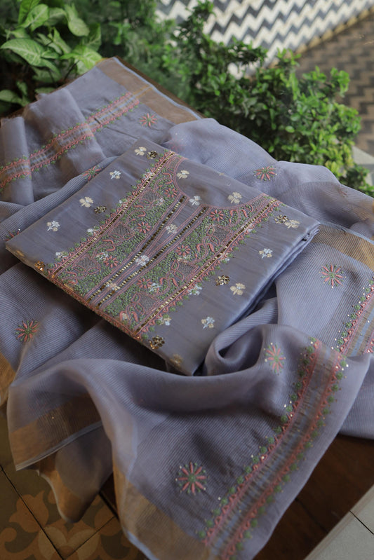 Mid Grey Shade Zari Booti Fine Chikankari With Kamdani Work Unstitched Fabric
