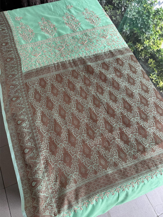 Mint Green Chanderi Saree with Chikankari Embroidery & Banarasi Zari Border