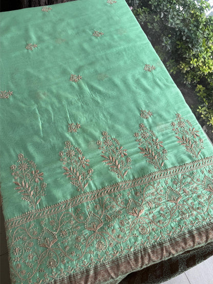 Mint Green Chanderi Saree with Chikankari Embroidery & Banarasi Zari Border