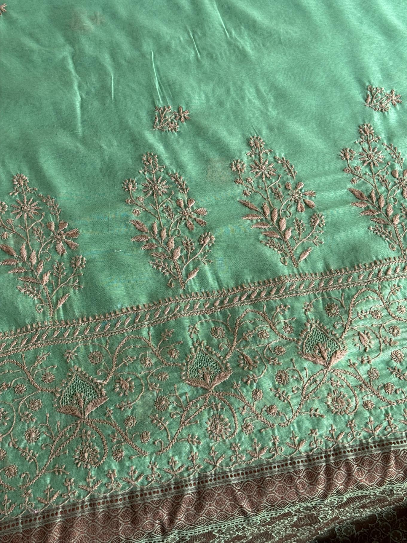 Mint Green Chanderi Saree with Chikankari Embroidery & Banarasi Zari Border