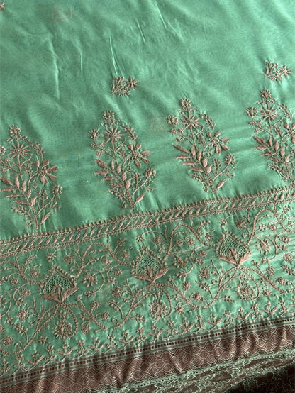 Mint Green Chanderi Saree with Chikankari Embroidery & Banarasi Zari Border