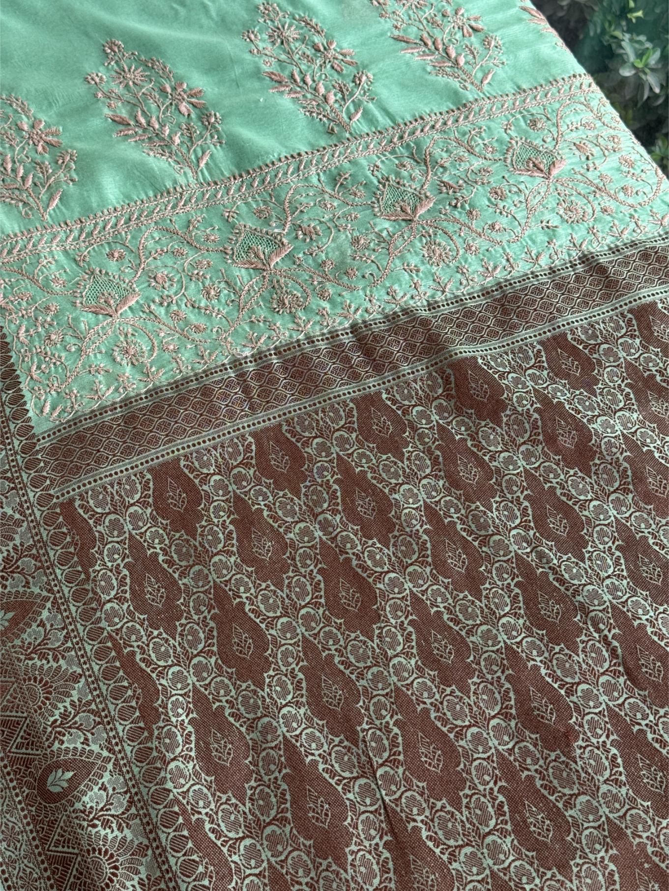 Mint Green Chanderi Saree with Chikankari Embroidery & Banarasi Zari Border
