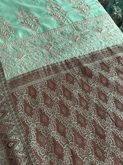 Mint Green Chanderi Saree with Chikankari Embroidery & Banarasi Zari Border