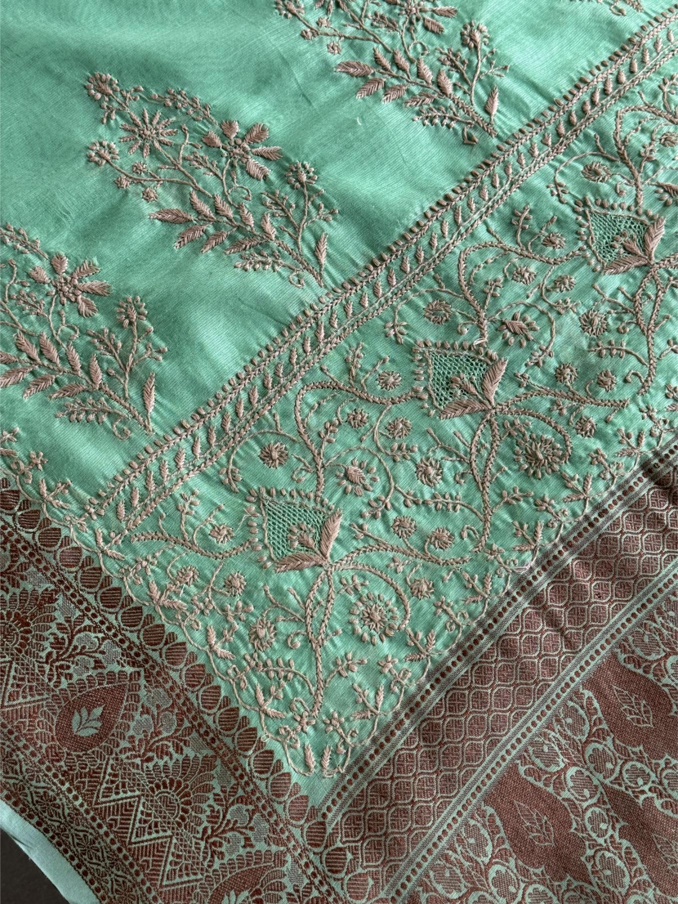 Mint Green Chanderi Saree with Chikankari Embroidery & Banarasi Zari Border