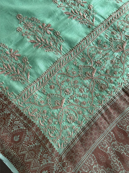 Mint Green Chanderi Saree with Chikankari Embroidery & Banarasi Zari Border