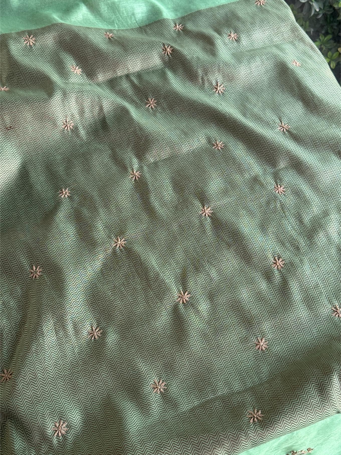 Mint Green Chanderi Saree with Chikankari Embroidery & Banarasi Zari Border