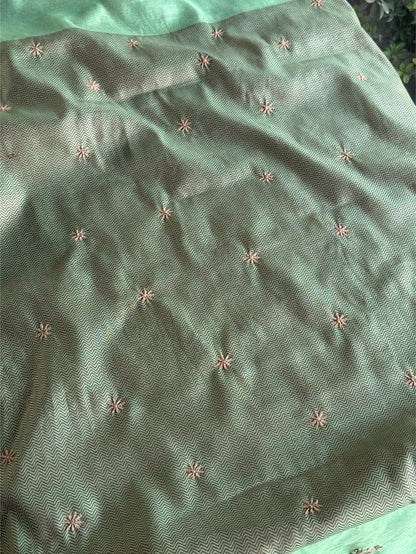 Mint Green Chanderi Saree with Chikankari Embroidery & Banarasi Zari Border