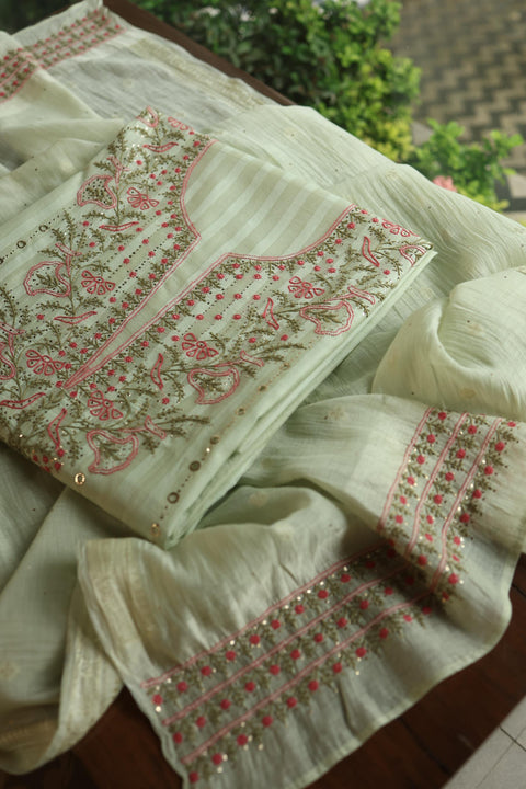 Mint Green Mal Chanderi Chikankari With Mukaish Ring Line Unstitched Fabric