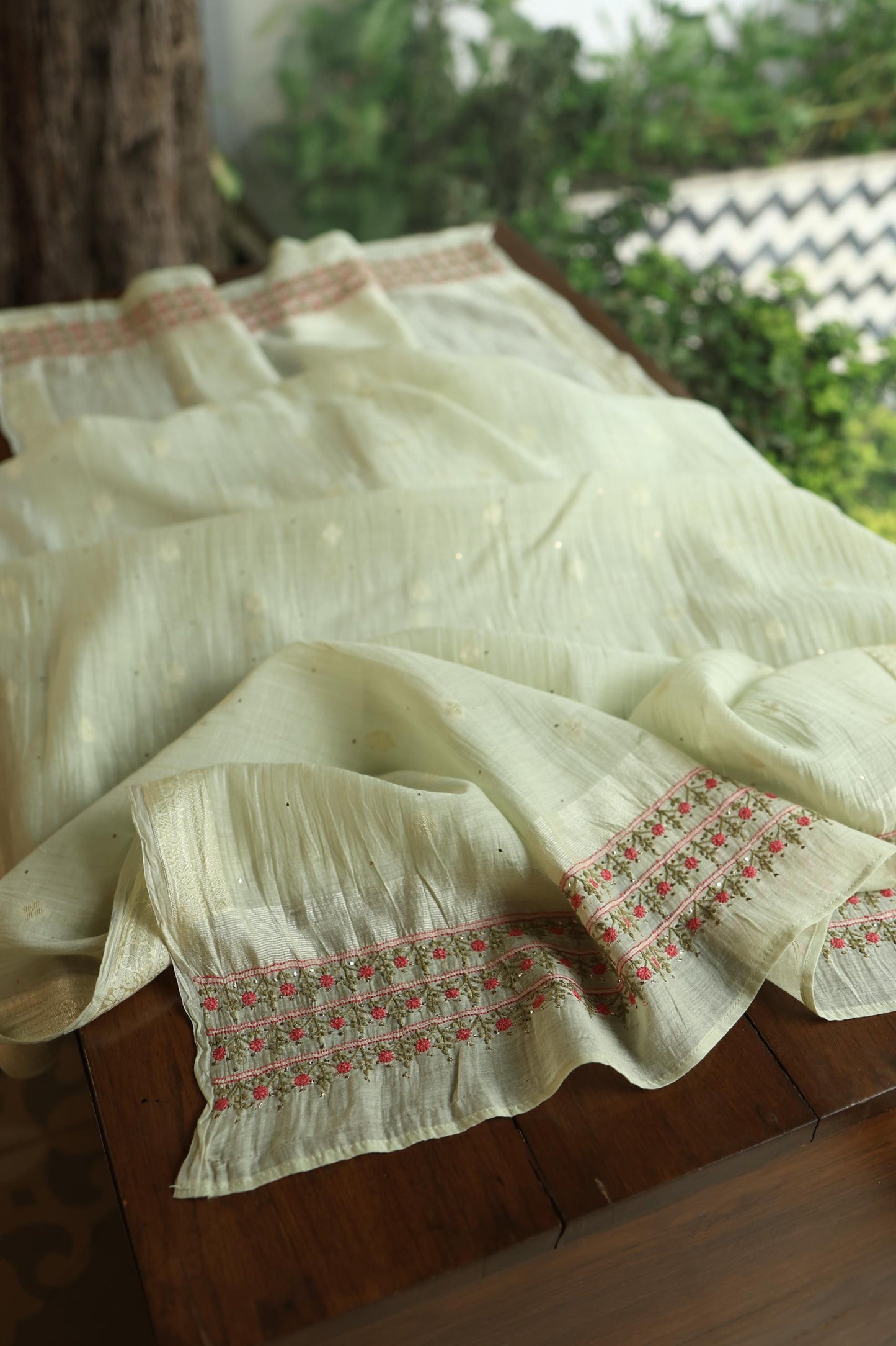 Mint Green Mal Chanderi Chikankari With Mukaish Ring Line Unstitched Fabric