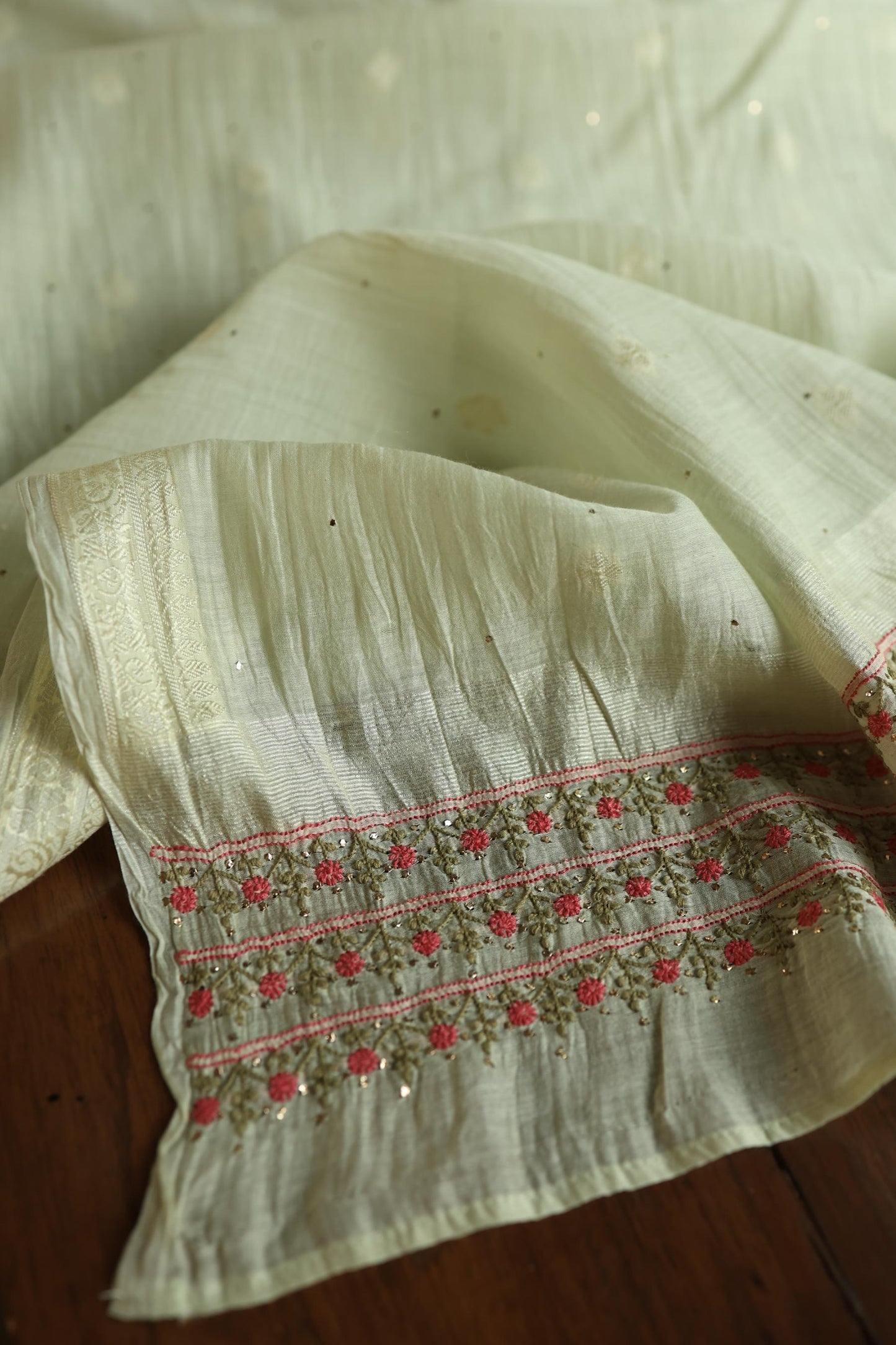Mint Green Mal Chanderi Chikankari With Mukaish Ring Line Unstitched Fabric