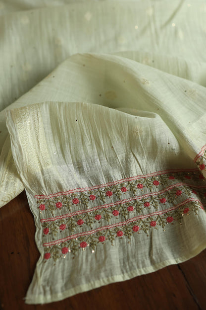 Mint Green Mal Chanderi Chikankari With Mukaish Ring Line Unstitched Fabric