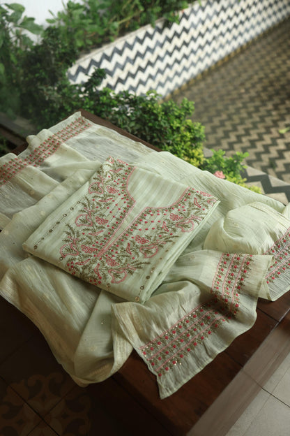 Mint Green Mal Chanderi Chikankari With Mukaish Ring Line Unstitched Fabric
