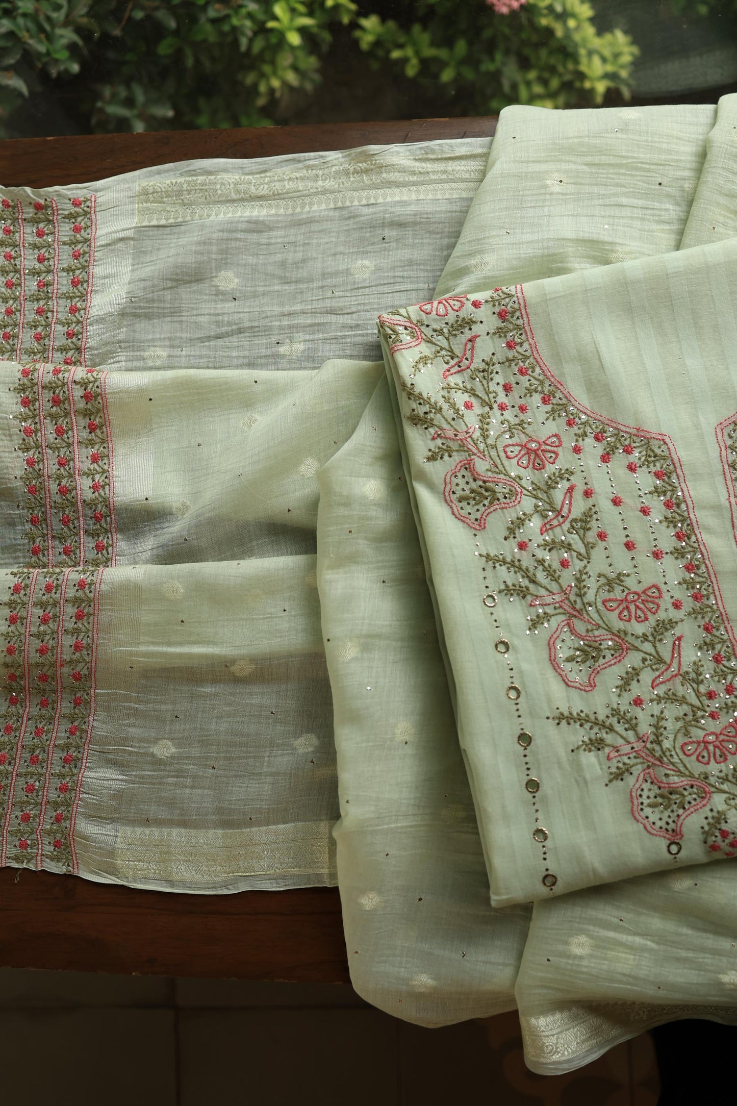 Mint Green Mal Chanderi Chikankari With Mukaish Ring Line Unstitched Fabric
