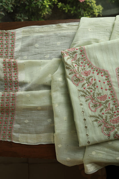 Mint Green Mal Chanderi Chikankari With Mukaish Ring Line Unstitched Fabric