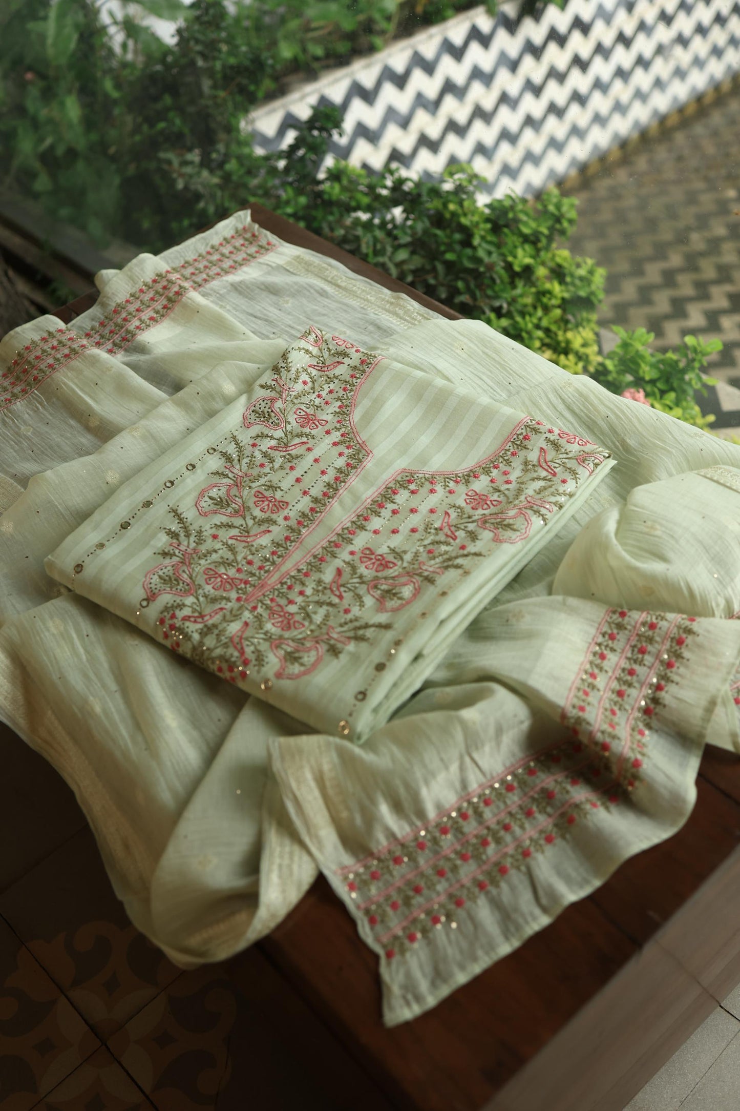 Mint Green Mal Chanderi Chikankari With Mukaish Ring Line Unstitched Fabric