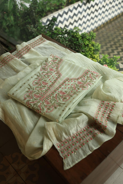 Mint Green Mal Chanderi Chikankari With Mukaish Ring Line Unstitched Fabric