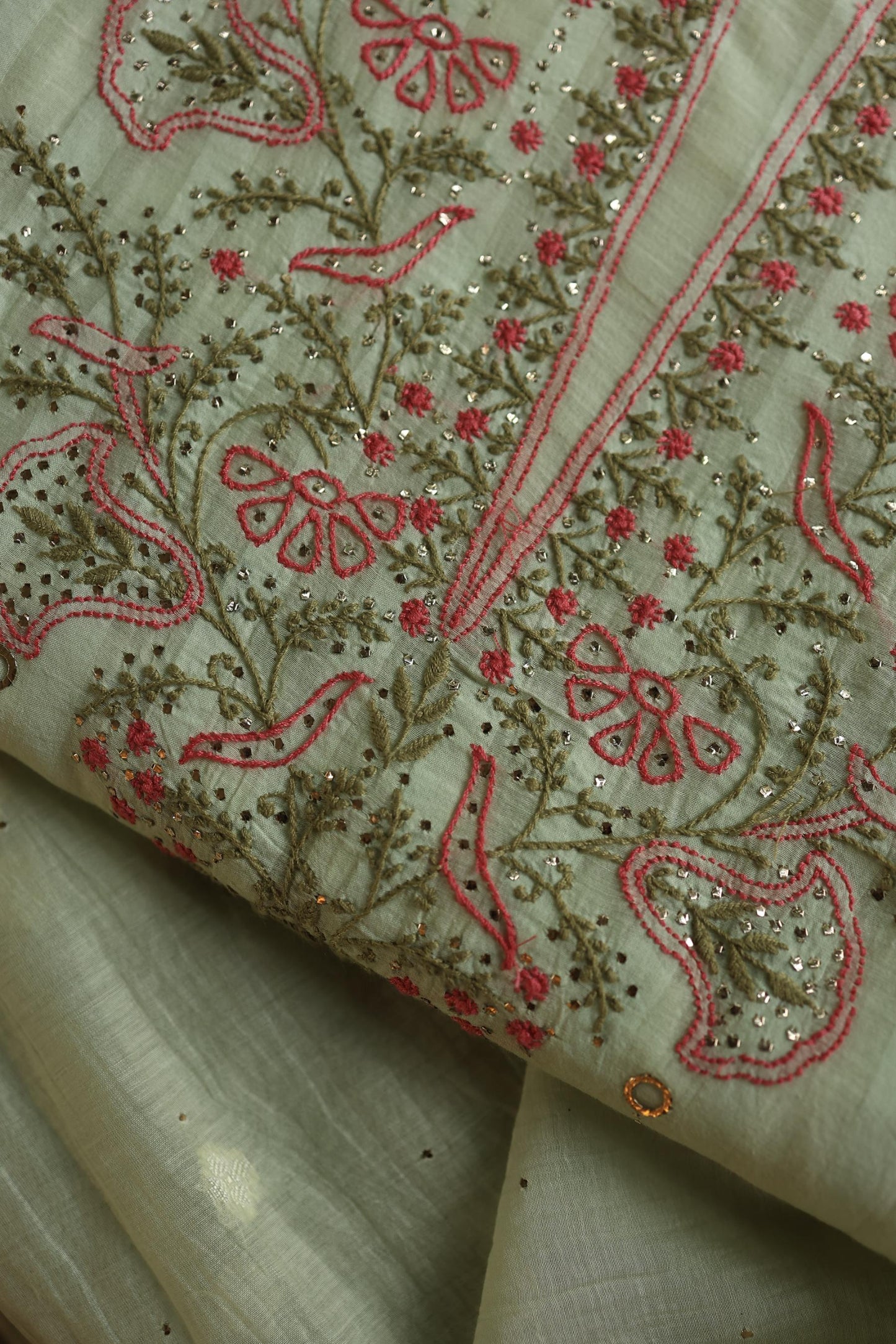 Mint Green Mal Chanderi Chikankari With Mukaish Ring Line Unstitched Fabric