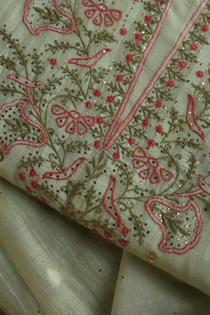 Mint Green Mal Chanderi Chikankari With Mukaish Ring Line Unstitched Fabric