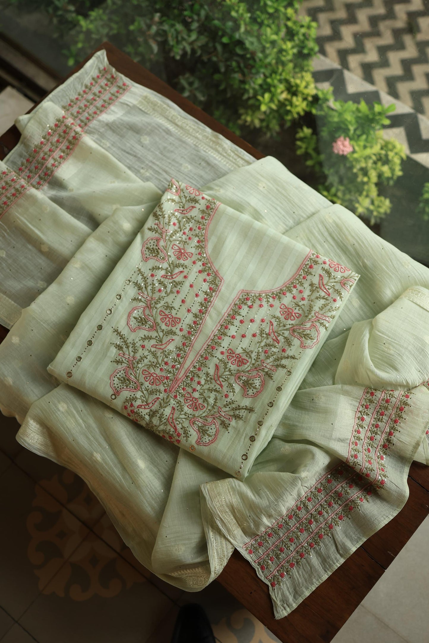Mint Green Mal Chanderi Chikankari With Mukaish Ring Line Unstitched Fabric