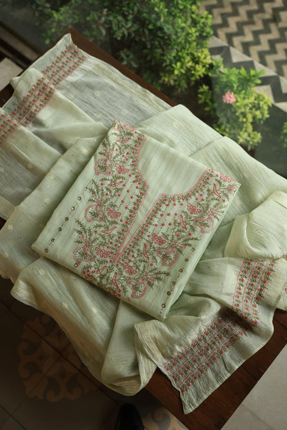 Mint Green Mal Chanderi Chikankari With Mukaish Ring Line Unstitched Fabric