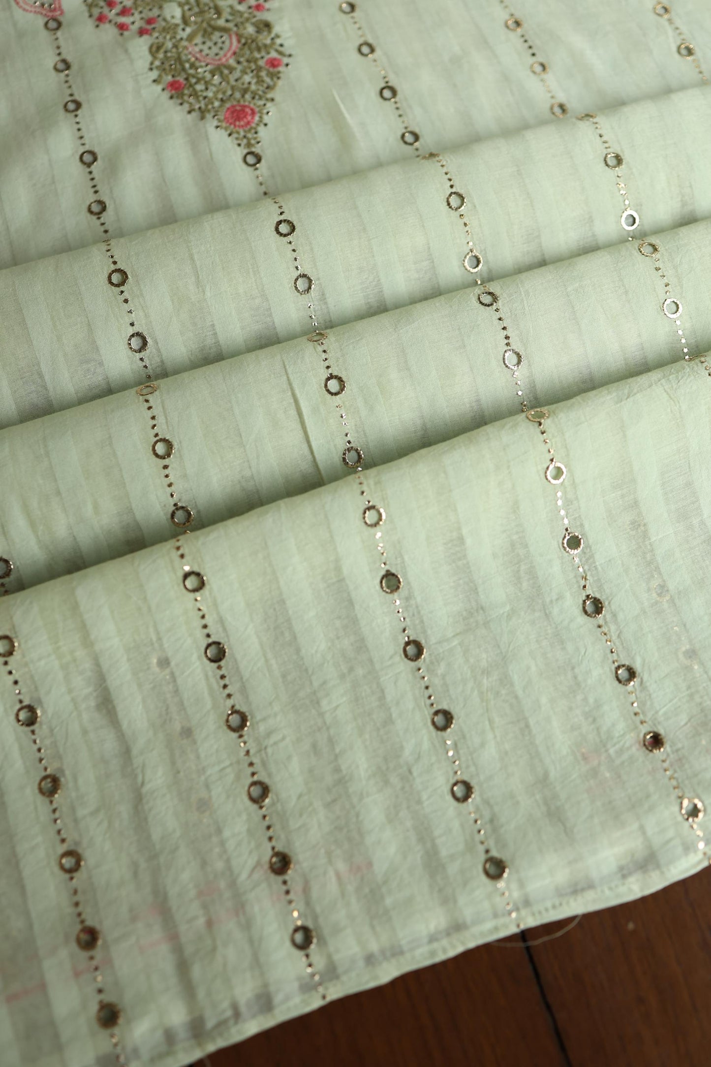 Mint Green Mal Chanderi Chikankari With Mukaish Ring Line Unstitched Fabric