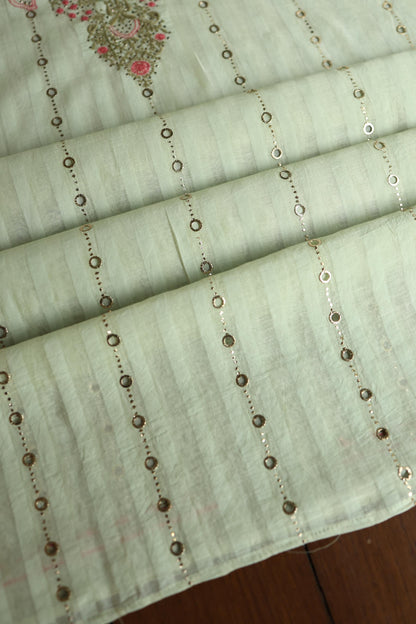 Mint Green Mal Chanderi Chikankari With Mukaish Ring Line Unstitched Fabric