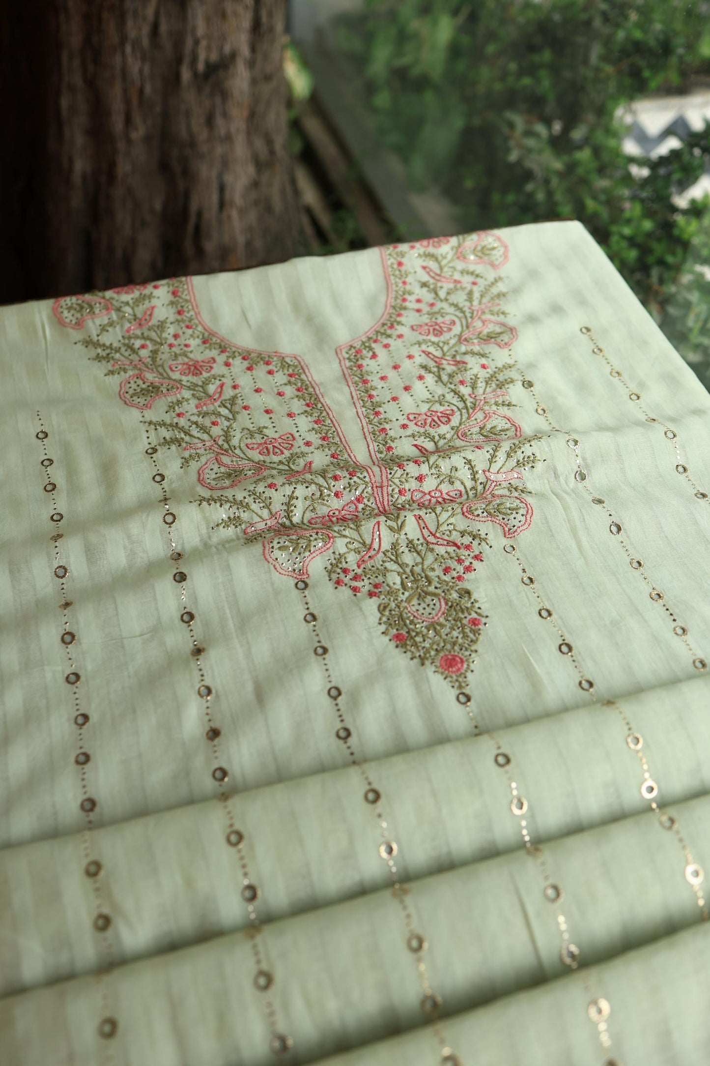 Mint Green Mal Chanderi Chikankari With Mukaish Ring Line Unstitched Fabric