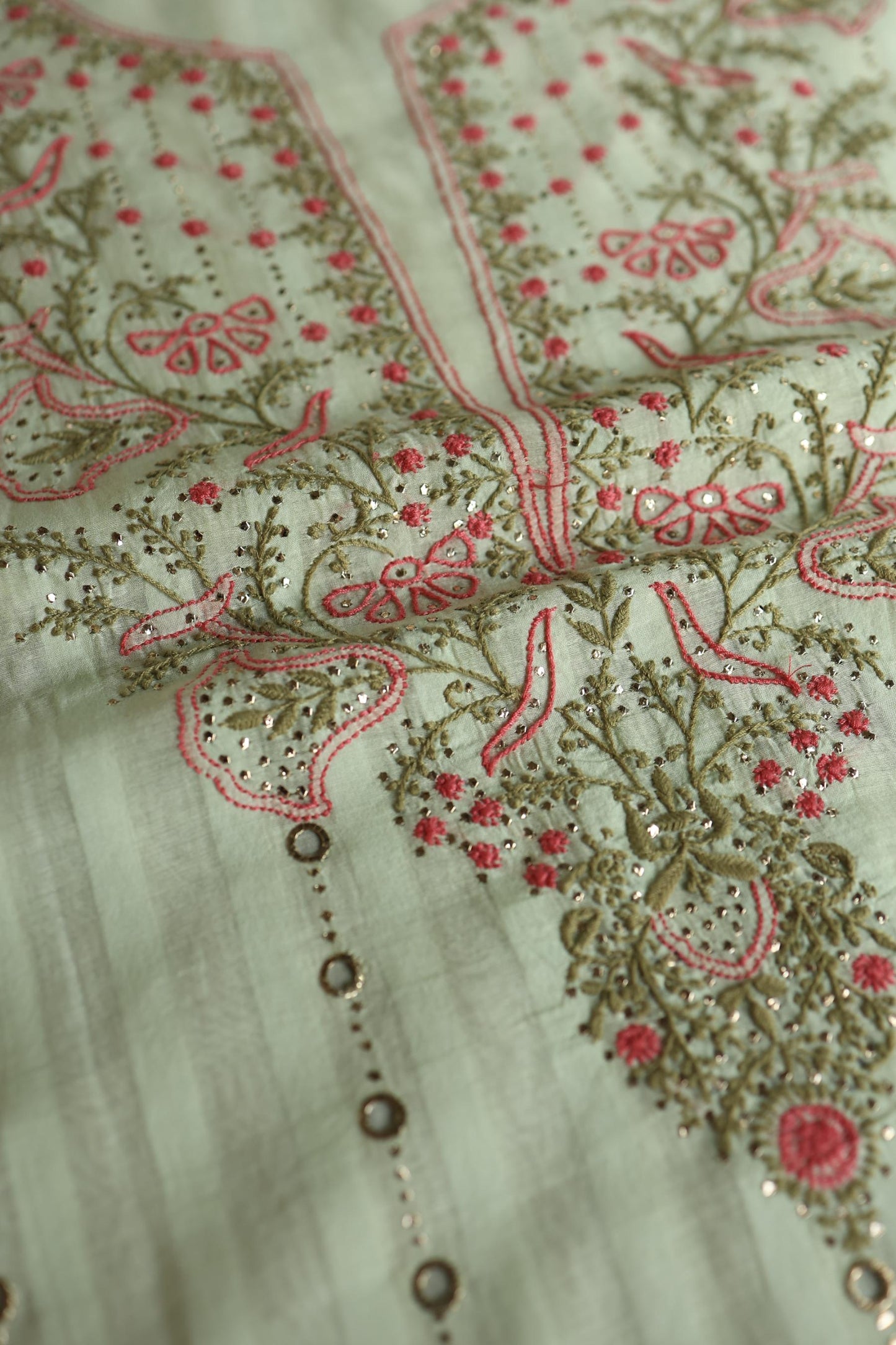 Mint Green Mal Chanderi Chikankari With Mukaish Ring Line Unstitched Fabric