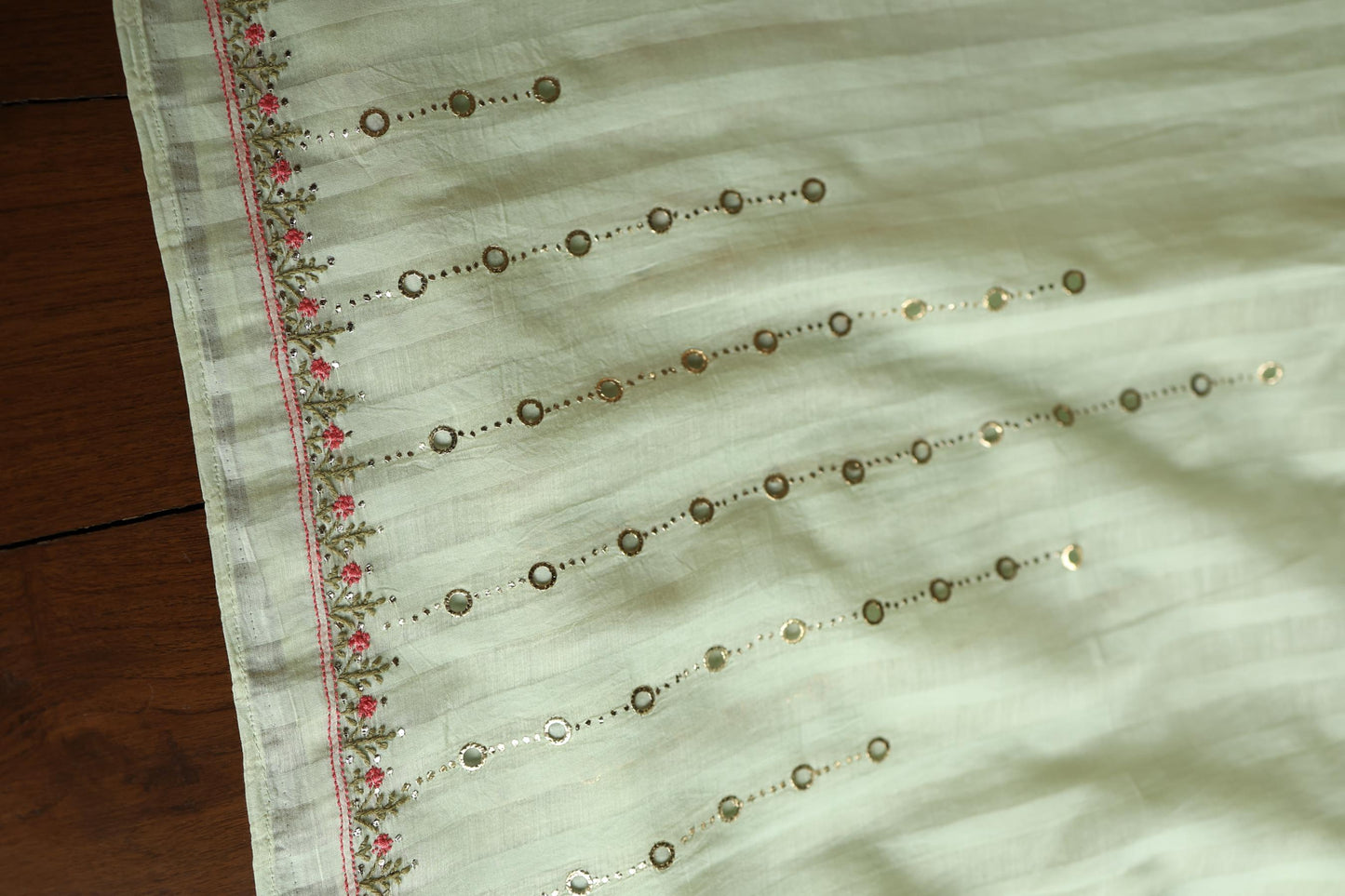 Mint Green Mal Chanderi Chikankari With Mukaish Ring Line Unstitched Fabric