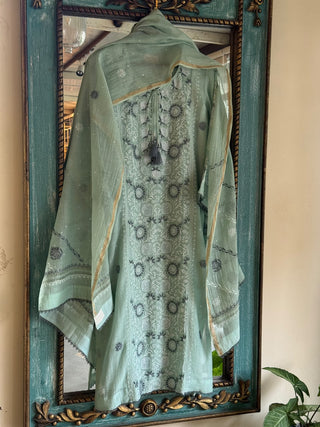 Mint Green Mulmul Pearl White Chikankari Ready to Wear Kurta Set