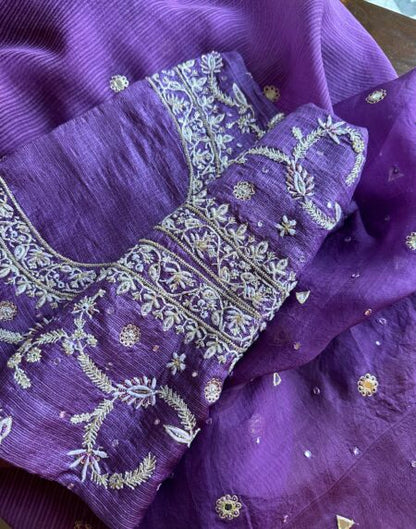 Mirror work Tussar Kota Chikankari Kurta set fabric