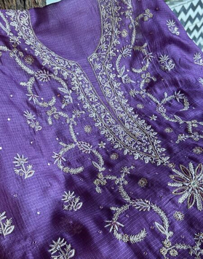 Mirror work Tussar Kota Chikankari Kurta set fabric