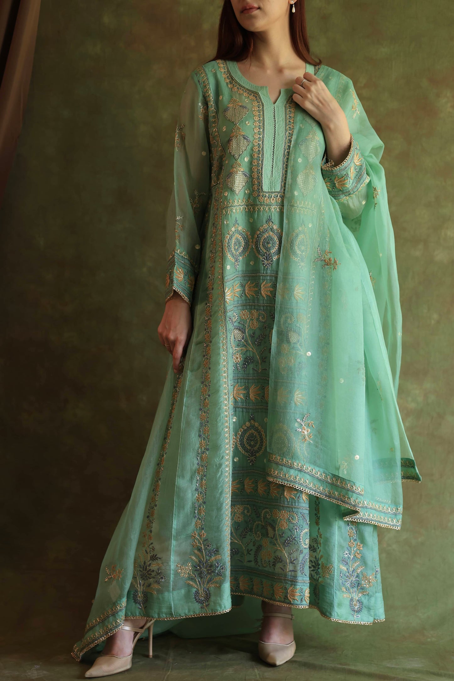 Mist Blue Noor Organza Chikankari Anarkali With Dupatta