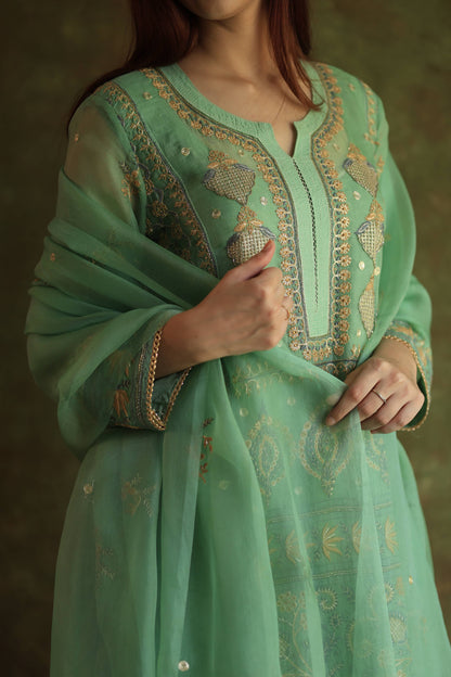 Mist Blue Noor Organza Chikankari Anarkali With Dupatta