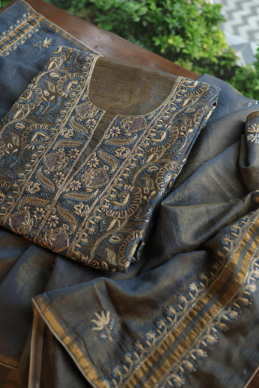 Mist Blue Roheen Tissue Silk Chikankari Unstitched Fabric