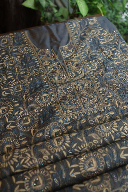Mist Blue Roheen Tissue Silk Chikankari Unstitched Fabric