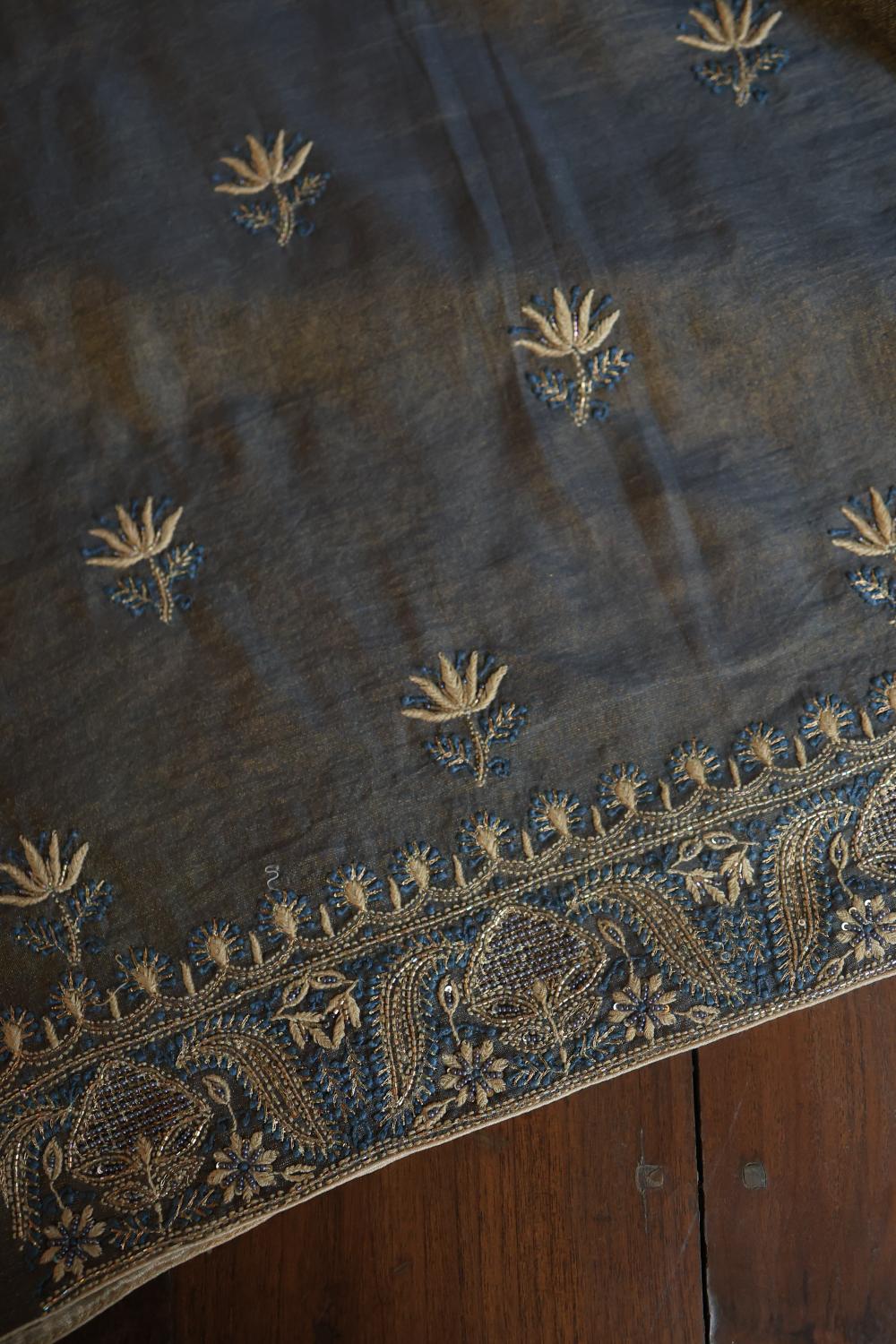 Mist Blue Roheen Tissue Silk Chikankari Unstitched Fabric