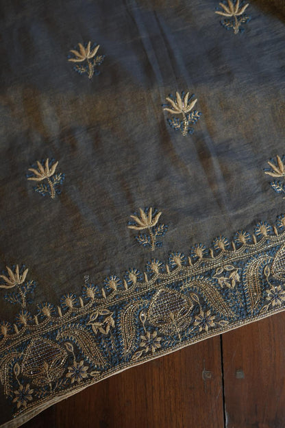 Mist Blue Roheen Tissue Silk Chikankari Unstitched Fabric