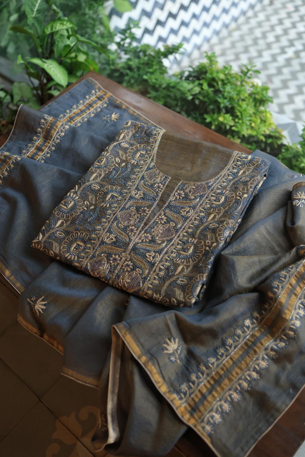 Mist Blue Roheen Tissue Silk Chikankari Unstitched Fabric