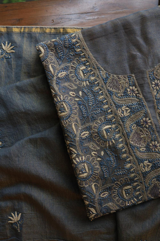 Mist Blue Roheen Tissue Silk Chikankari Unstitched Fabric