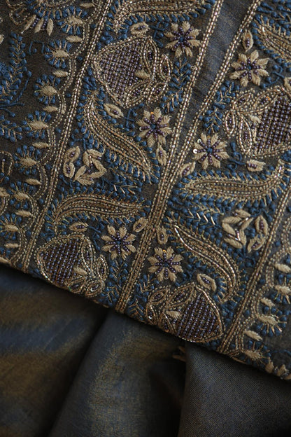 Mist Blue Roheen Tissue Silk Chikankari Unstitched Fabric