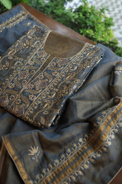 Mist Blue Roheen Tissue Silk Chikankari Unstitched Fabric