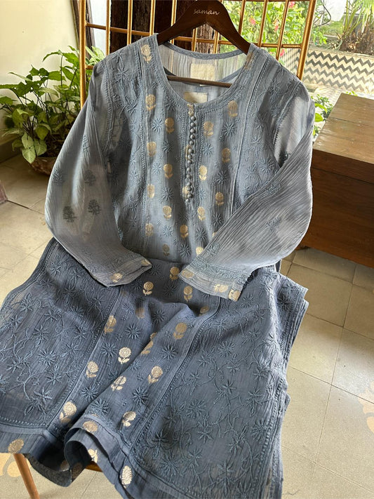 Mist Blue Shade Zari Chanderi Chikankari Ready to Wear Tunics