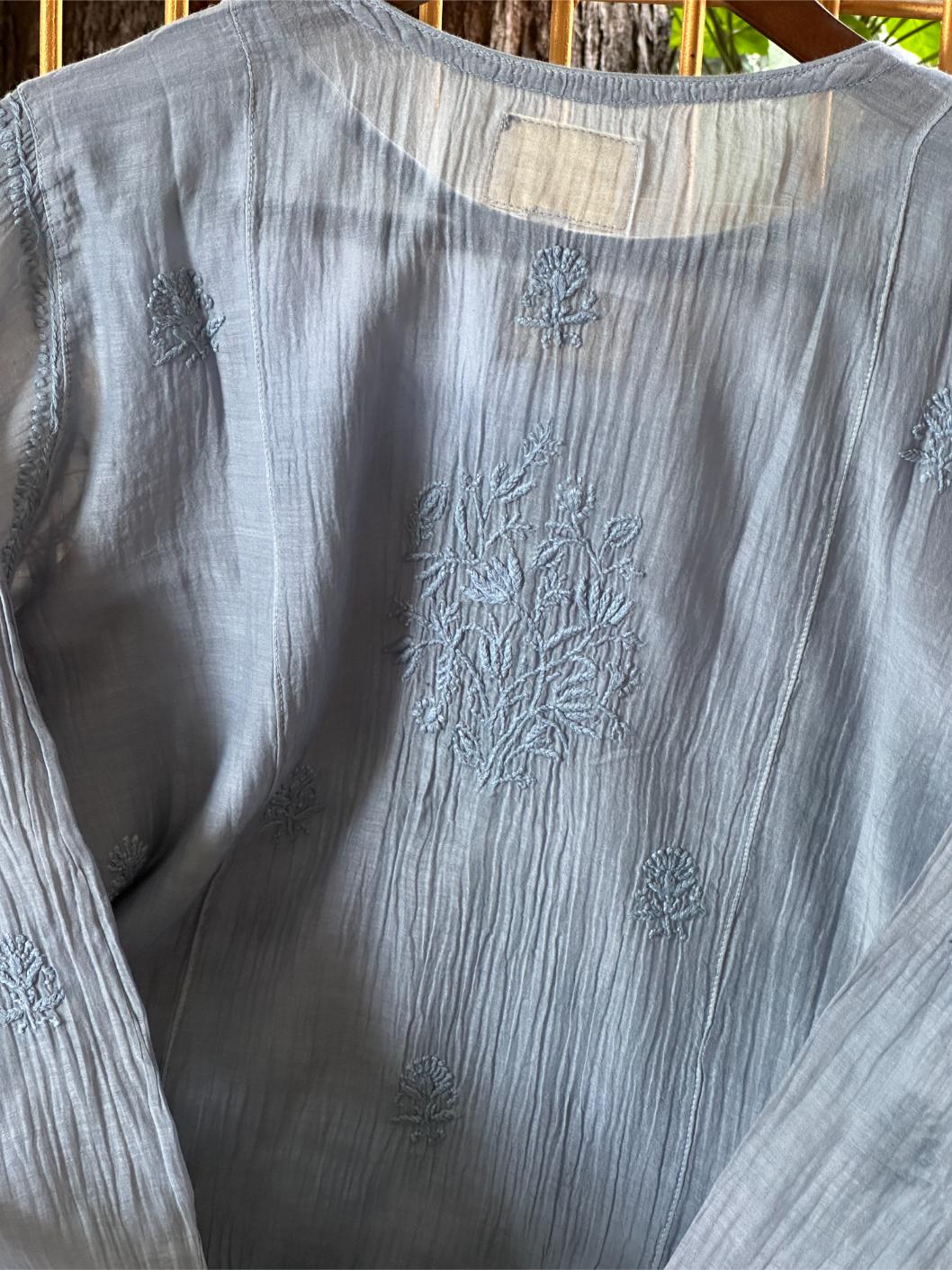 Mist Blue Shade Zari Chanderi Chikankari Ready to Wear Tunics