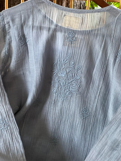 Mist Blue Shade Zari Chanderi Chikankari Ready to Wear Tunics