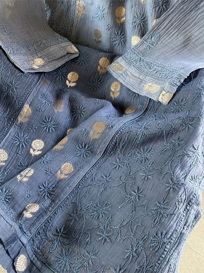 Mist Blue Shade Zari Chanderi Chikankari Ready to Wear Tunics
